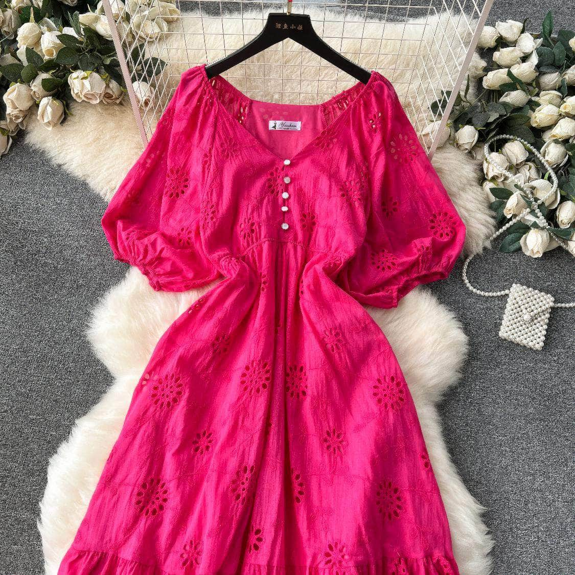 Lantern Sleeves V-Neck A-Line Double Hem A-Line Lace Dress