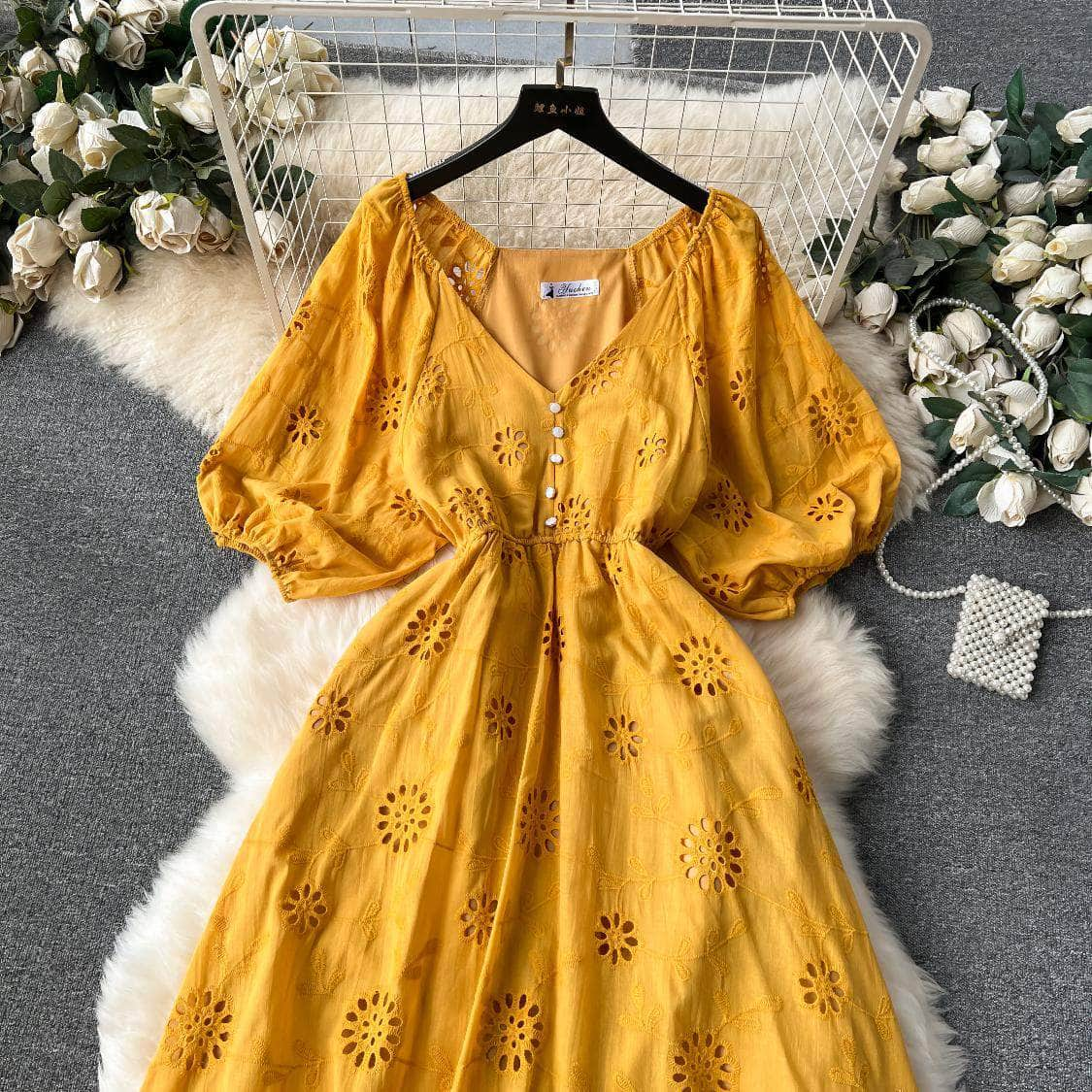 Lantern Sleeves V-Neck A-Line Double Hem A-Line Lace Dress