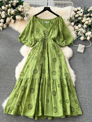 Lantern Sleeves V-Neck A-Line Double Hem A-Line Lace Dress MAX SIZE / Green