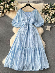 Lantern Sleeves V-Neck A-Line Double Hem A-Line Lace Dress MAX SIZE / LightBlue