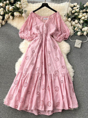 Lantern Sleeves V-Neck A-Line Double Hem A-Line Lace Dress MAX SIZE / LightPink