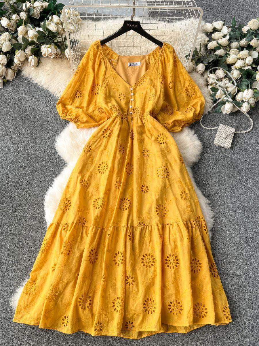 Lantern Sleeves V-Neck A-Line Double Hem A-Line Lace Dress MAX SIZE / Yellow