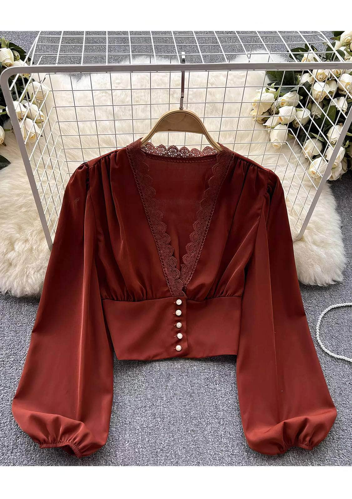 Lantern Sleeves V-Neck Lace Trim Crop Blouse MAX SIZE / Brown