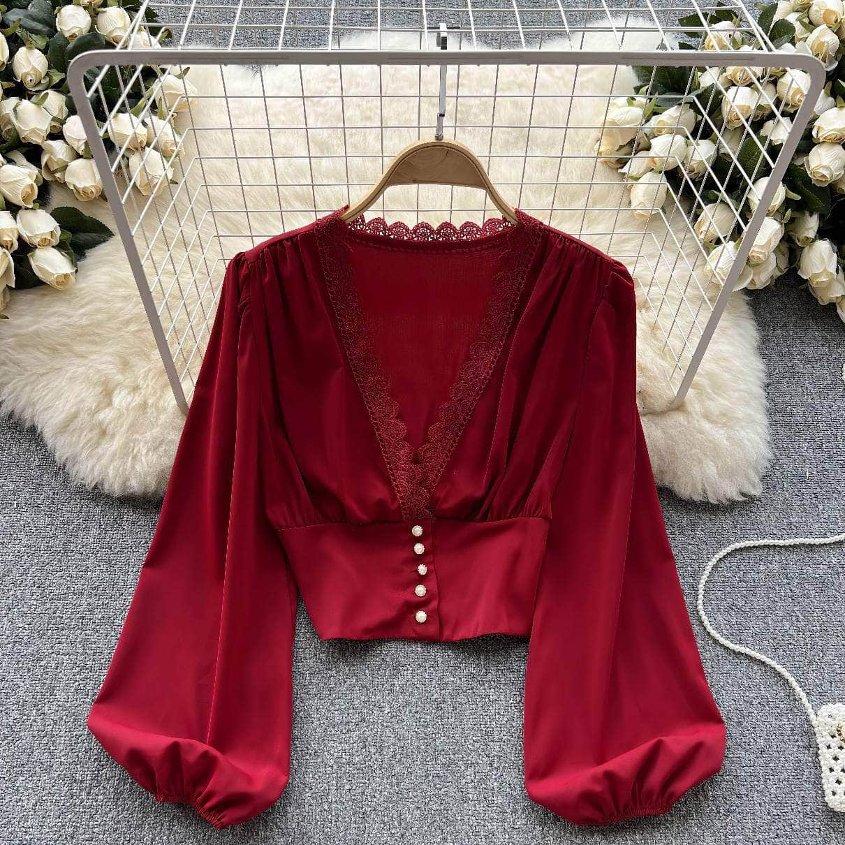 Lantern Sleeves V-Neck Lace Trim Crop Blouse MAX SIZE / DarkRed