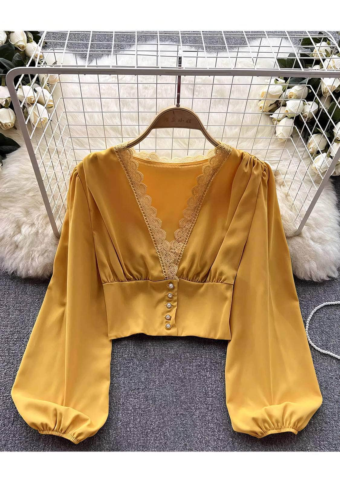 Lantern Sleeves V-Neck Lace Trim Crop Blouse MAX SIZE / GoldenRod