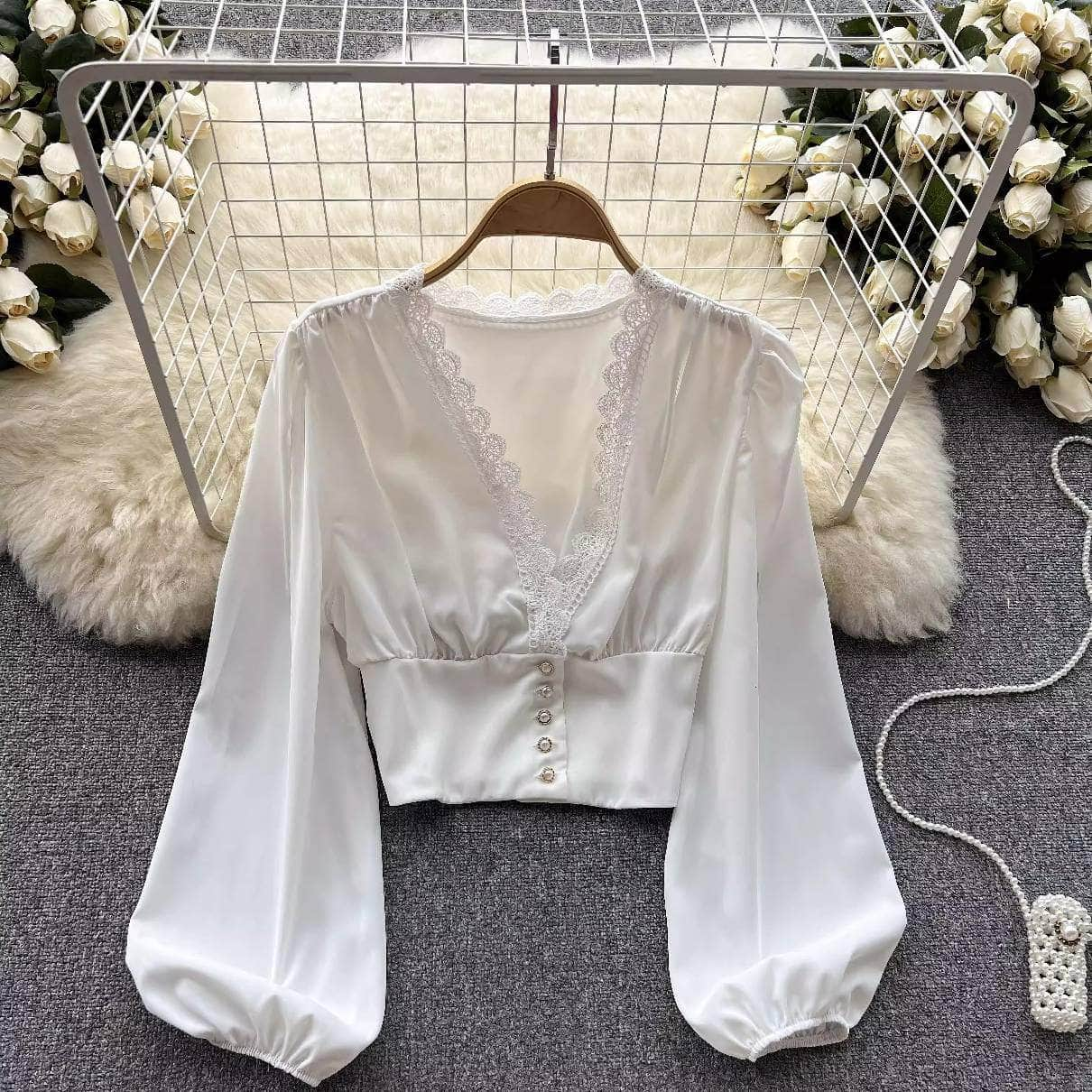 Lantern Sleeves V-Neck Lace Trim Crop Blouse MAX SIZE / White