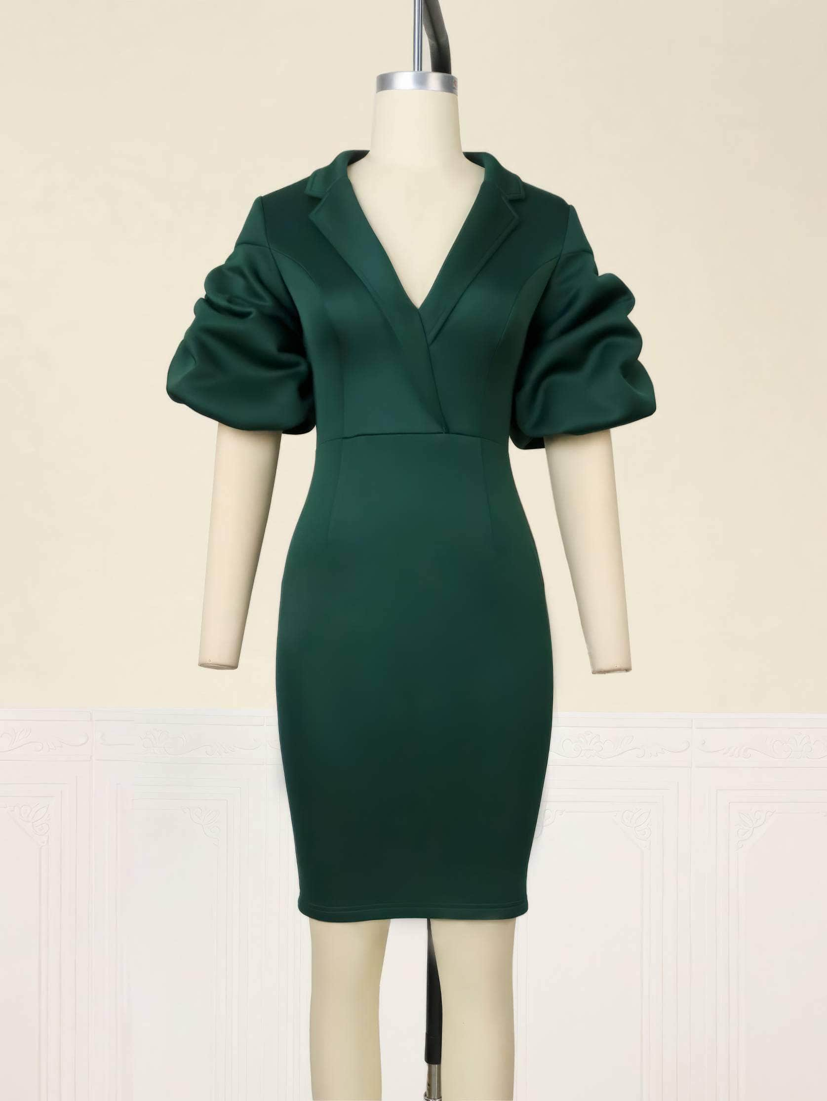 Lapel Neck Puff Sleeve Scuba Bodycon Dress