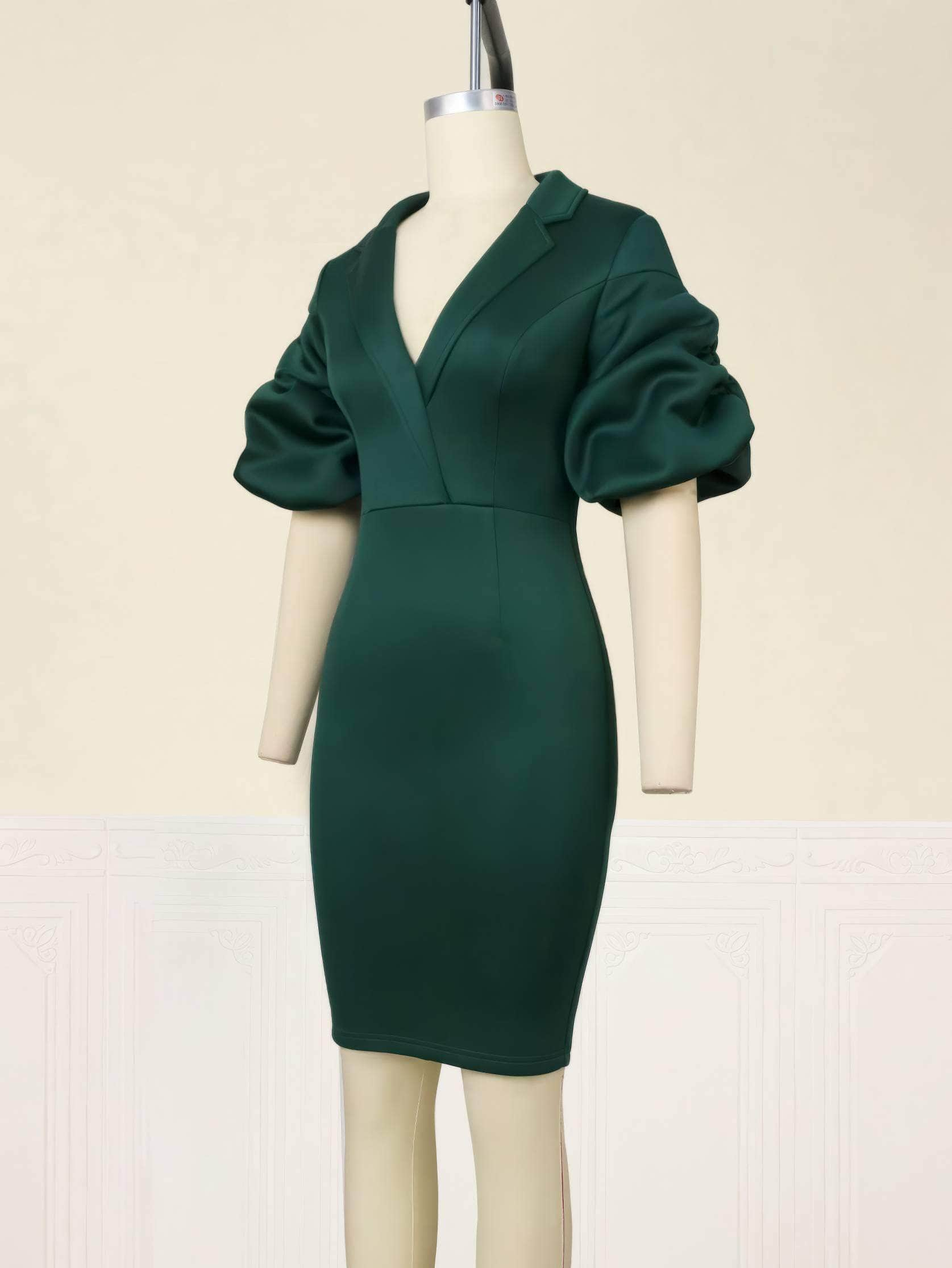 Lapel Neck Puff Sleeve Scuba Bodycon Dress