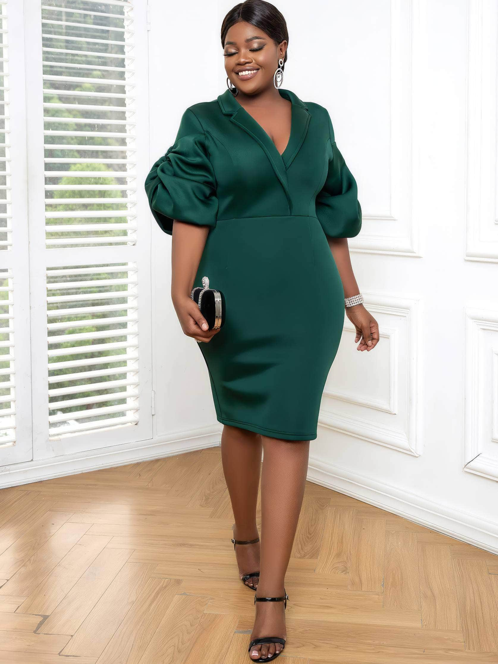 Lapel Neck Puff Sleeve Scuba Bodycon Dress