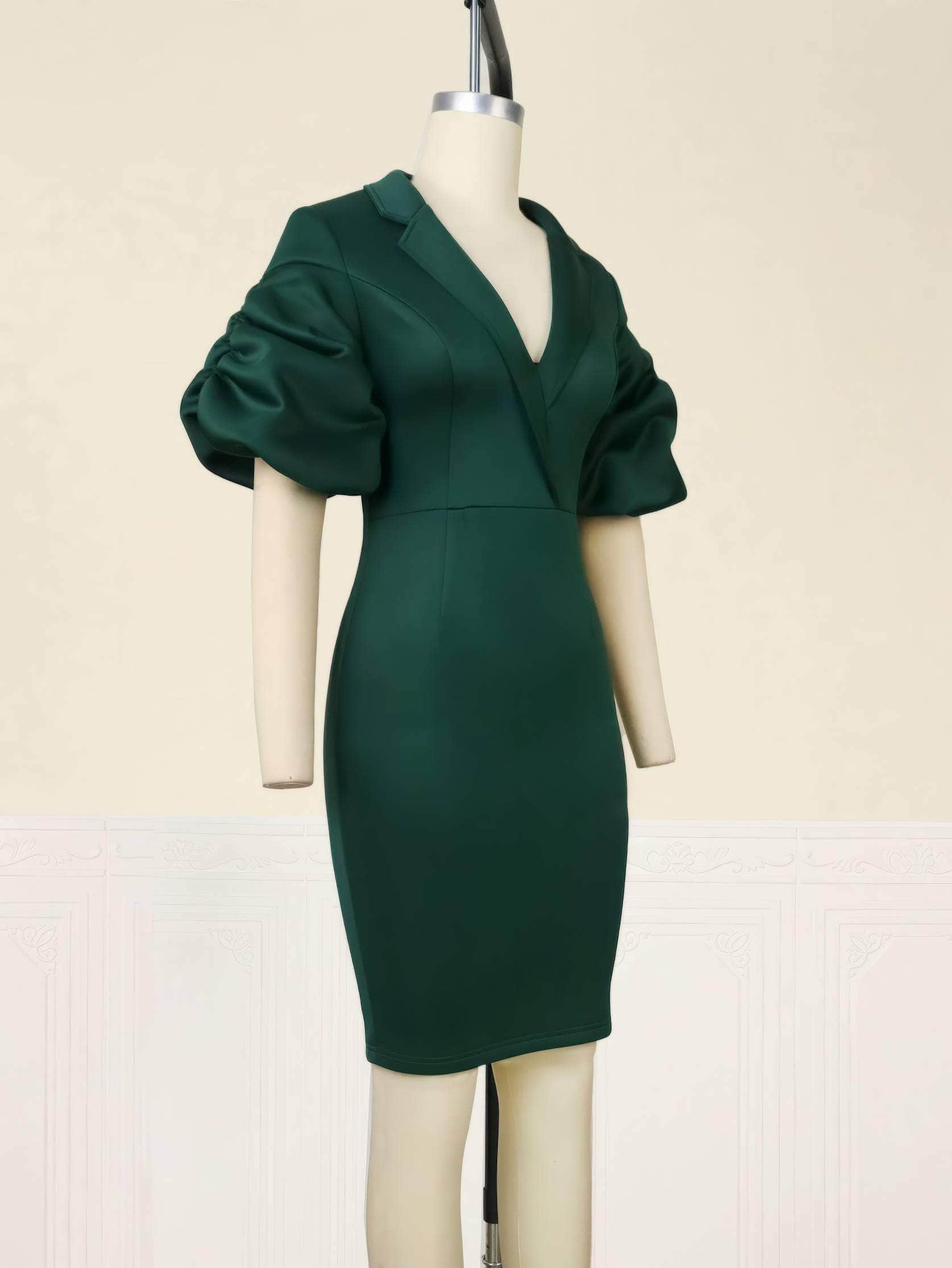 Lapel Neck Puff Sleeve Scuba Bodycon Dress