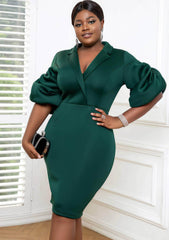 Lapel Neck Puff Sleeve Scuba Bodycon Dress US 4-6 / DarkGreen