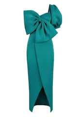 Large Bow-Detailed Puff Sleeves Slanted Front Slit Dress