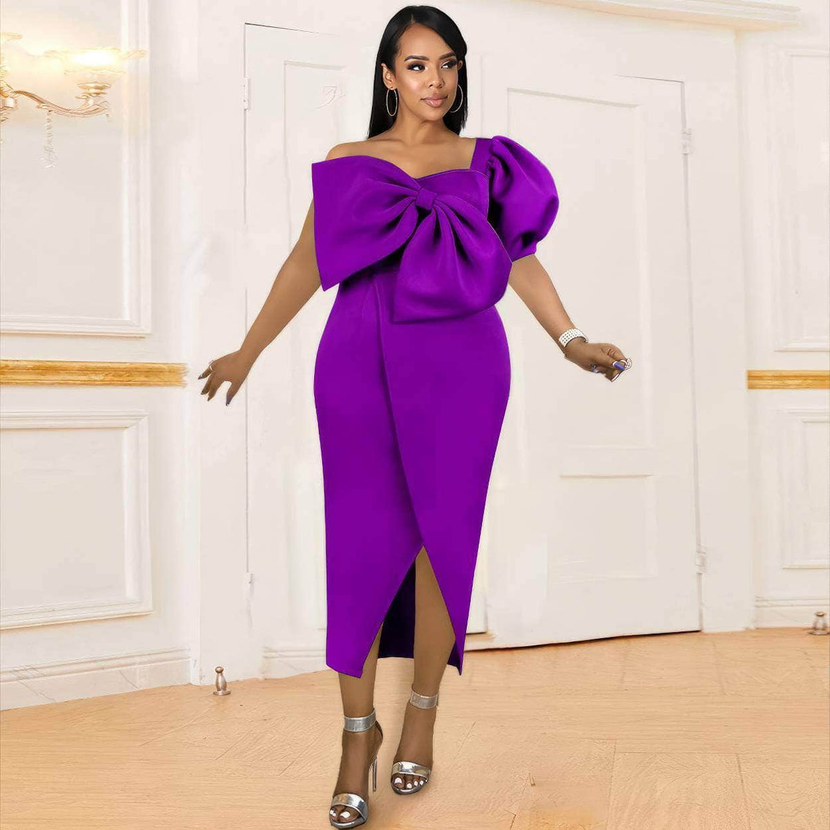 Large Bow-Detailed Puff Sleeves Slanted Front Slit Dress US 4-6 / Purple