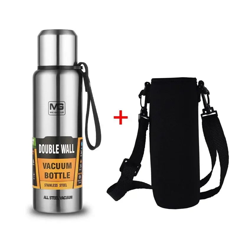 Large Capacity Stainless Steel Thermos - Portable Vacuum Flask Insulated Tumbler with Rope, Thermo Bottle in 500ml, 700ml, 1000ml, and 1500ml sizes Silver / With Bag