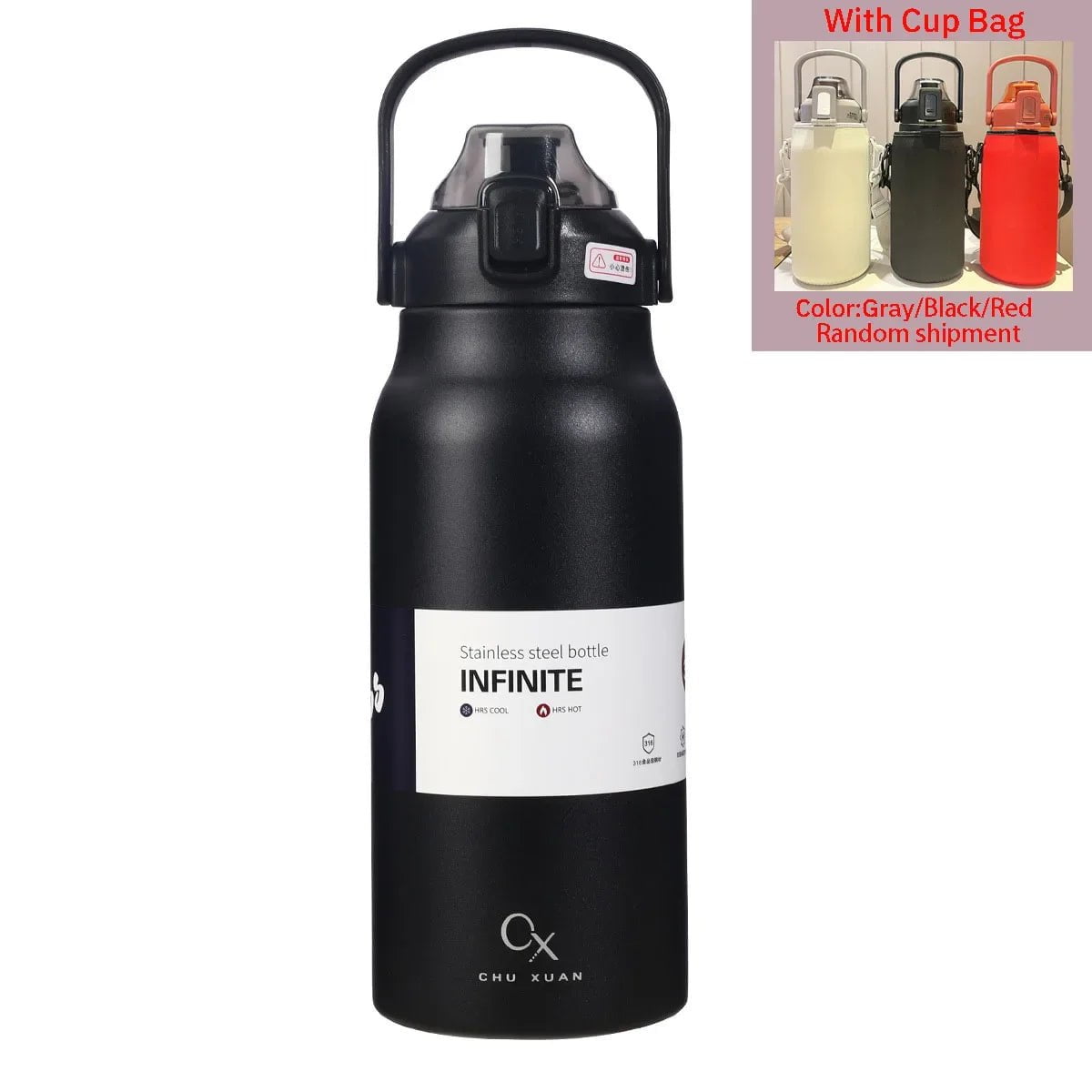 Large Capacity Thermal Water Bottle with Straw - Stainless Steel Thermo Tumbler for Gym, Vacuum Flask for Cold and Hot Insulated Drinks Black-With Cup Bag / 1300ml