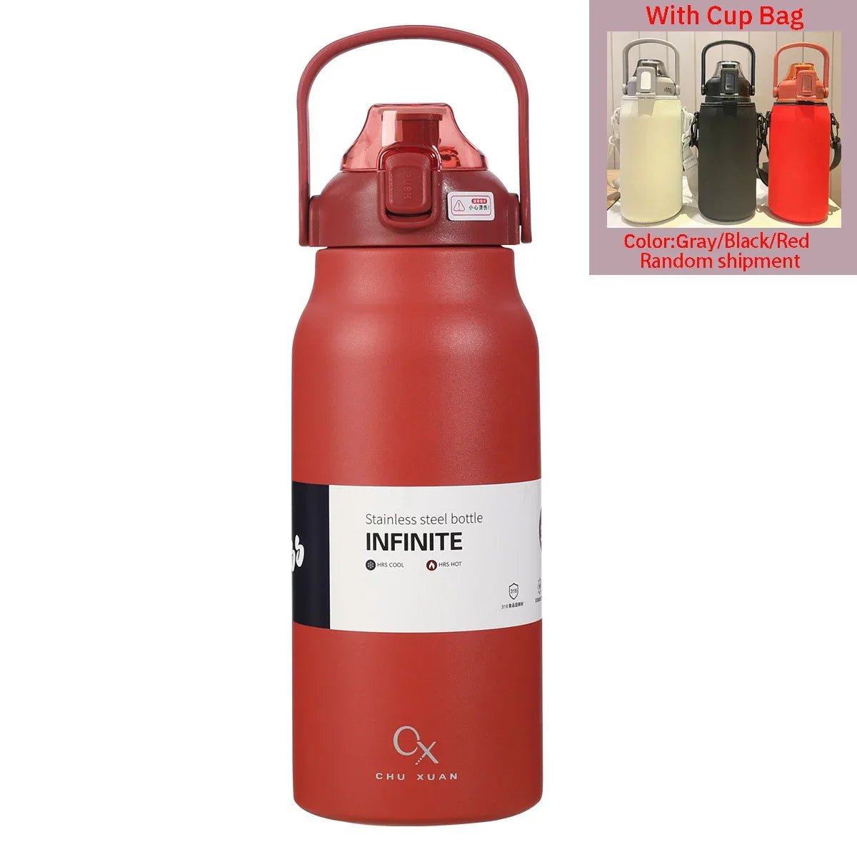 Large Capacity Thermal Water Bottle with Straw - Stainless Steel Thermo Tumbler for Gym, Vacuum Flask for Cold and Hot Insulated Drinks Red-With Cup Bag / 1300ml