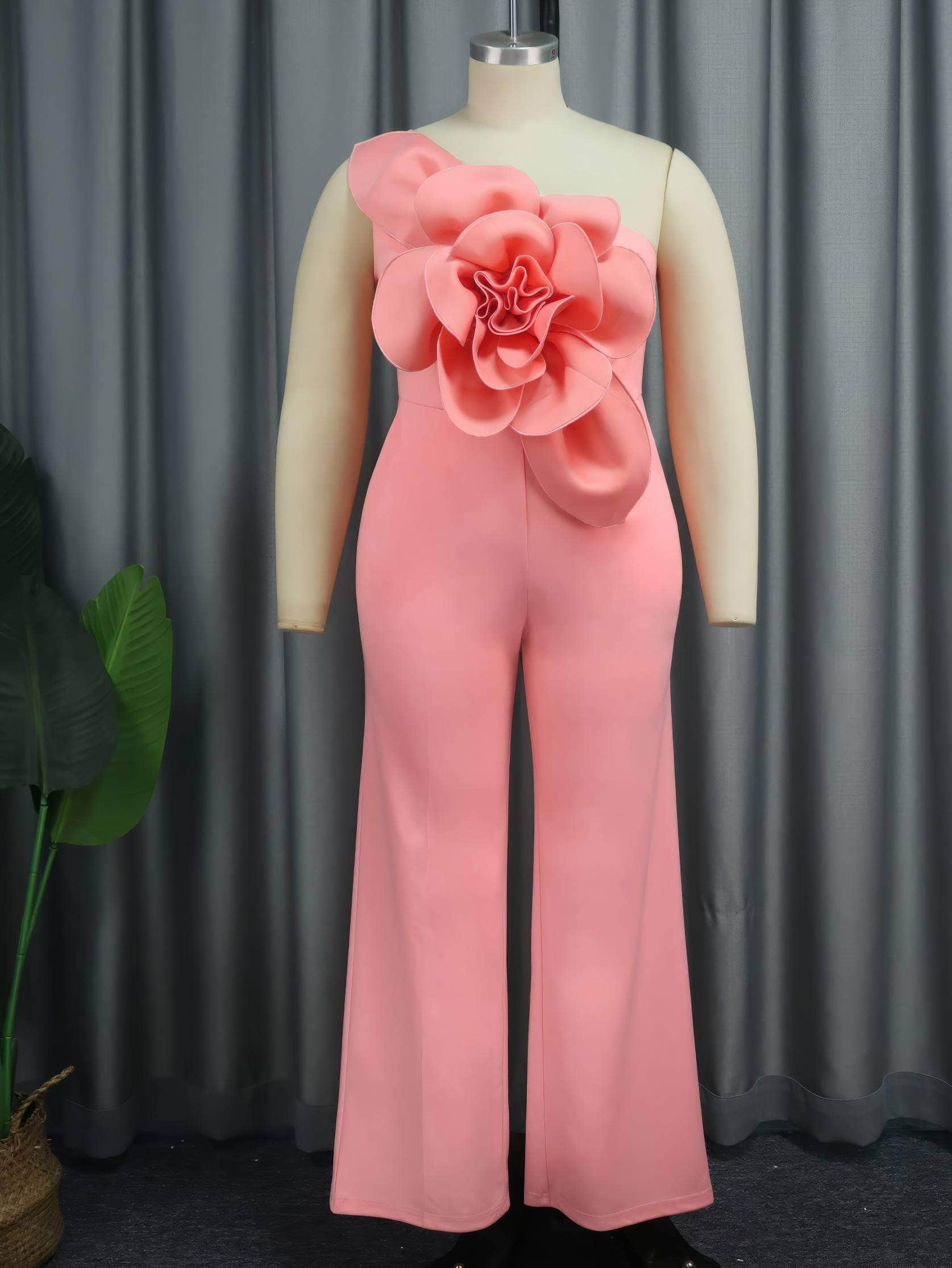 Large Flower Detailed Applique One Shoulder Jumpsuit