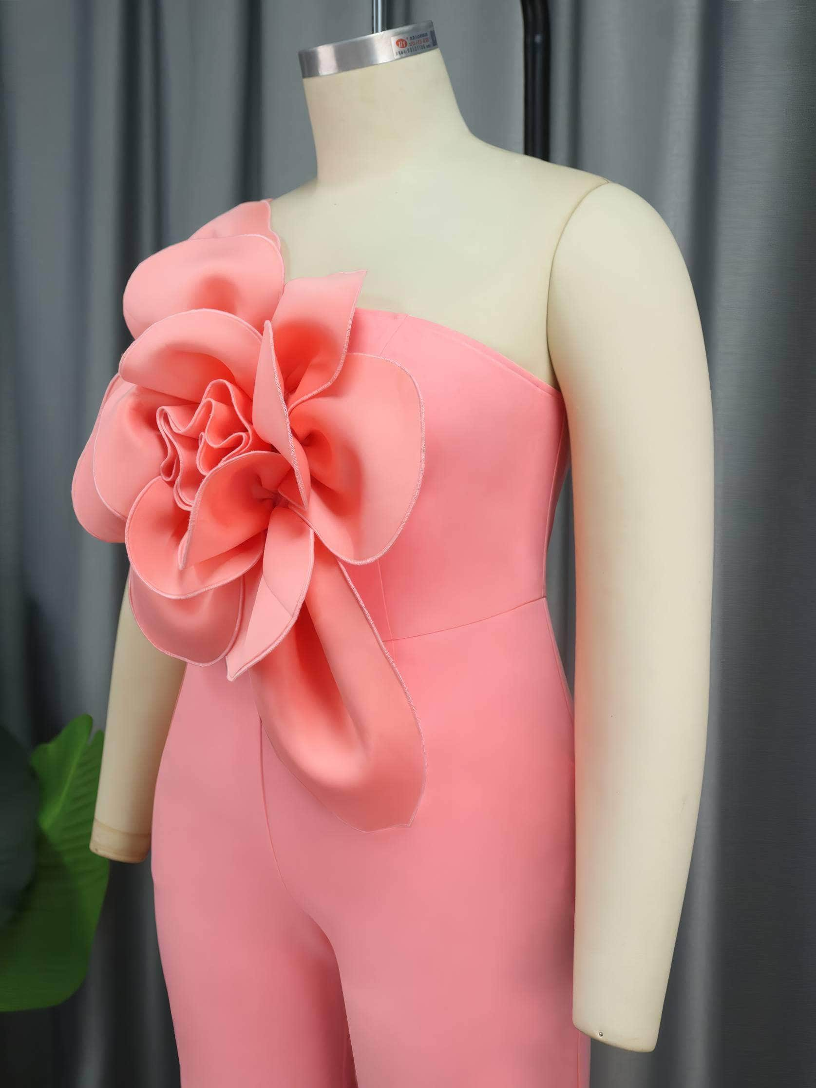 Large Flower Detailed Applique One Shoulder Jumpsuit