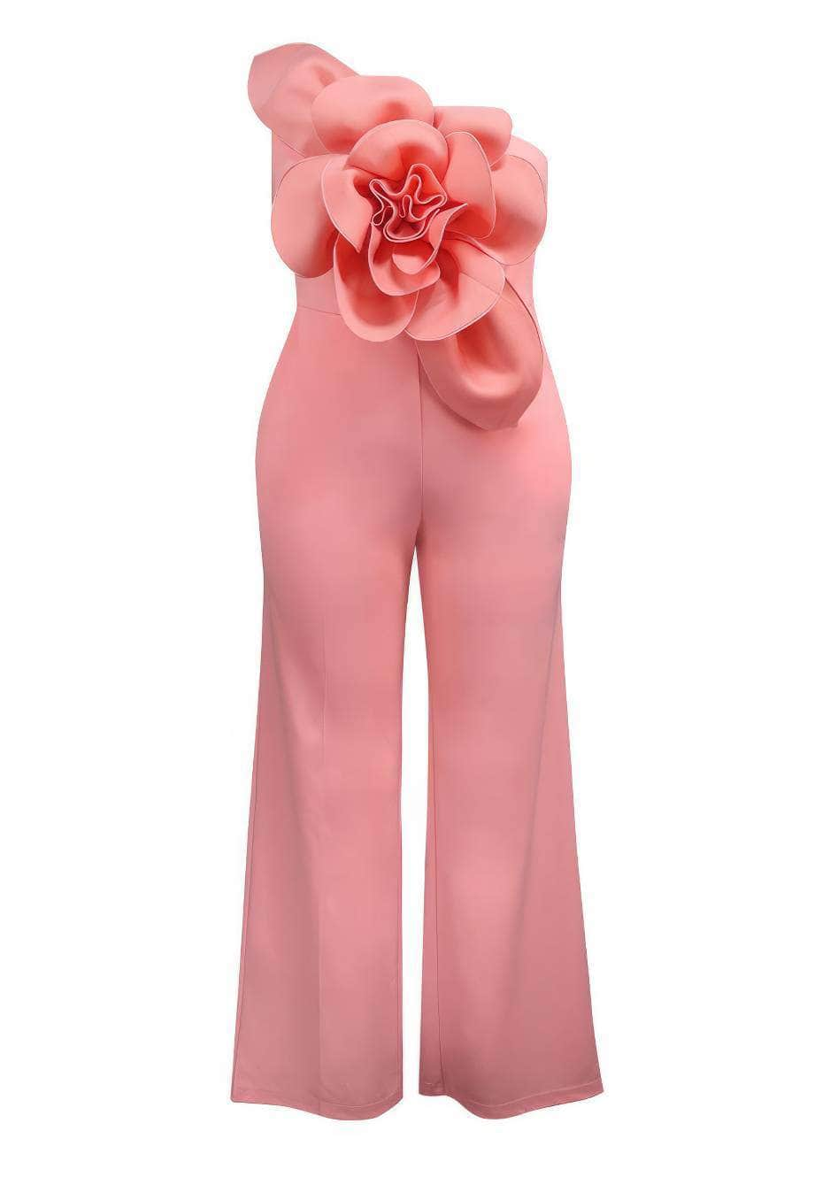 Large Flower Detailed Applique One Shoulder Jumpsuit