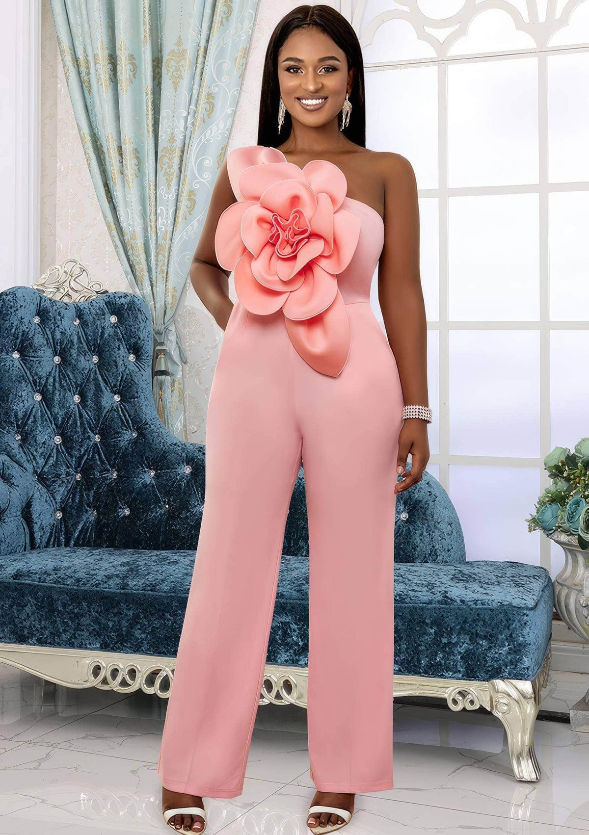 Large Flower Detailed Applique One Shoulder Jumpsuit US 4-6 / Pink