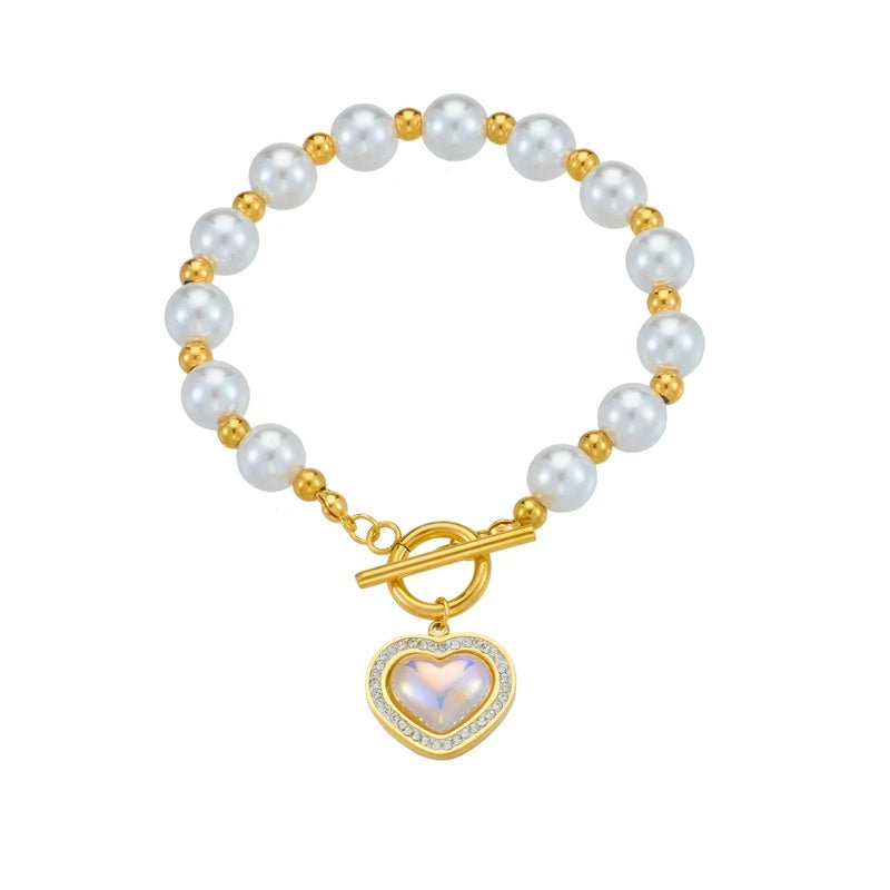 Large Heart Pearl Charm Bracelet B996