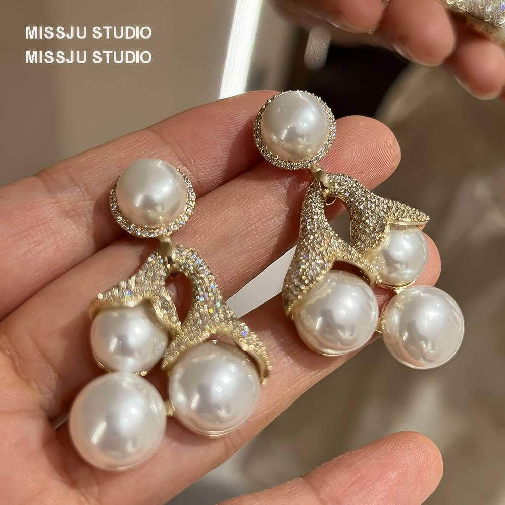 Large Pearl Deco Paved Crystal Statement Earrings White