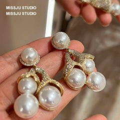 Large Pearl Deco Paved Crystal Statement Earrings White