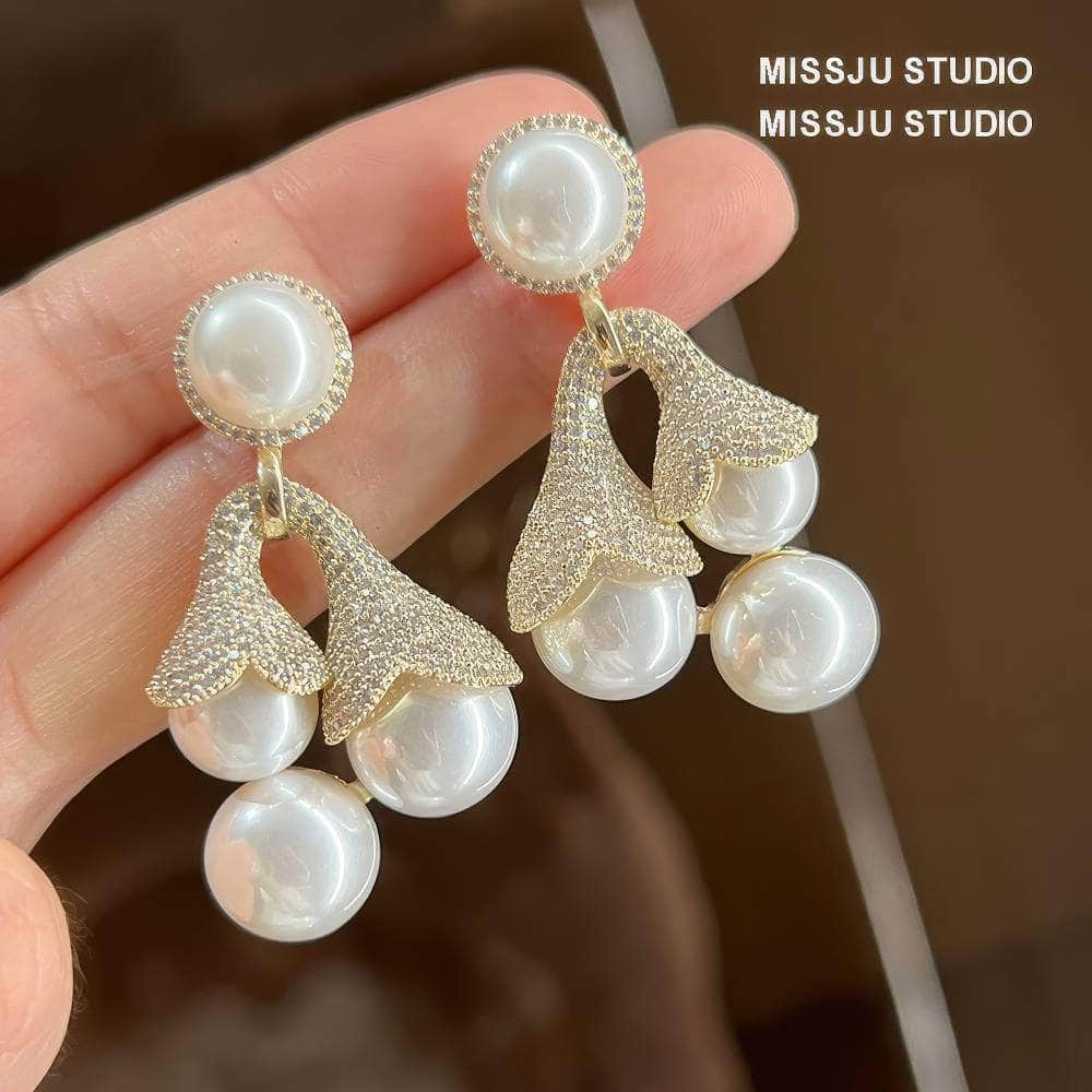 Large Pearl Deco Paved Crystal Statement Earrings White