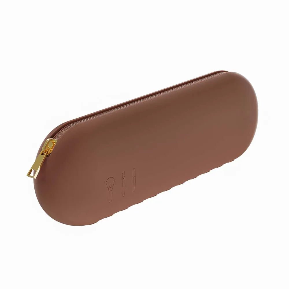 Large Travel Makeup Brush Holder - Silicone Portable Cosmetic Brush Organizer Case, Soft Makeup Brush Purse for Travel Brown