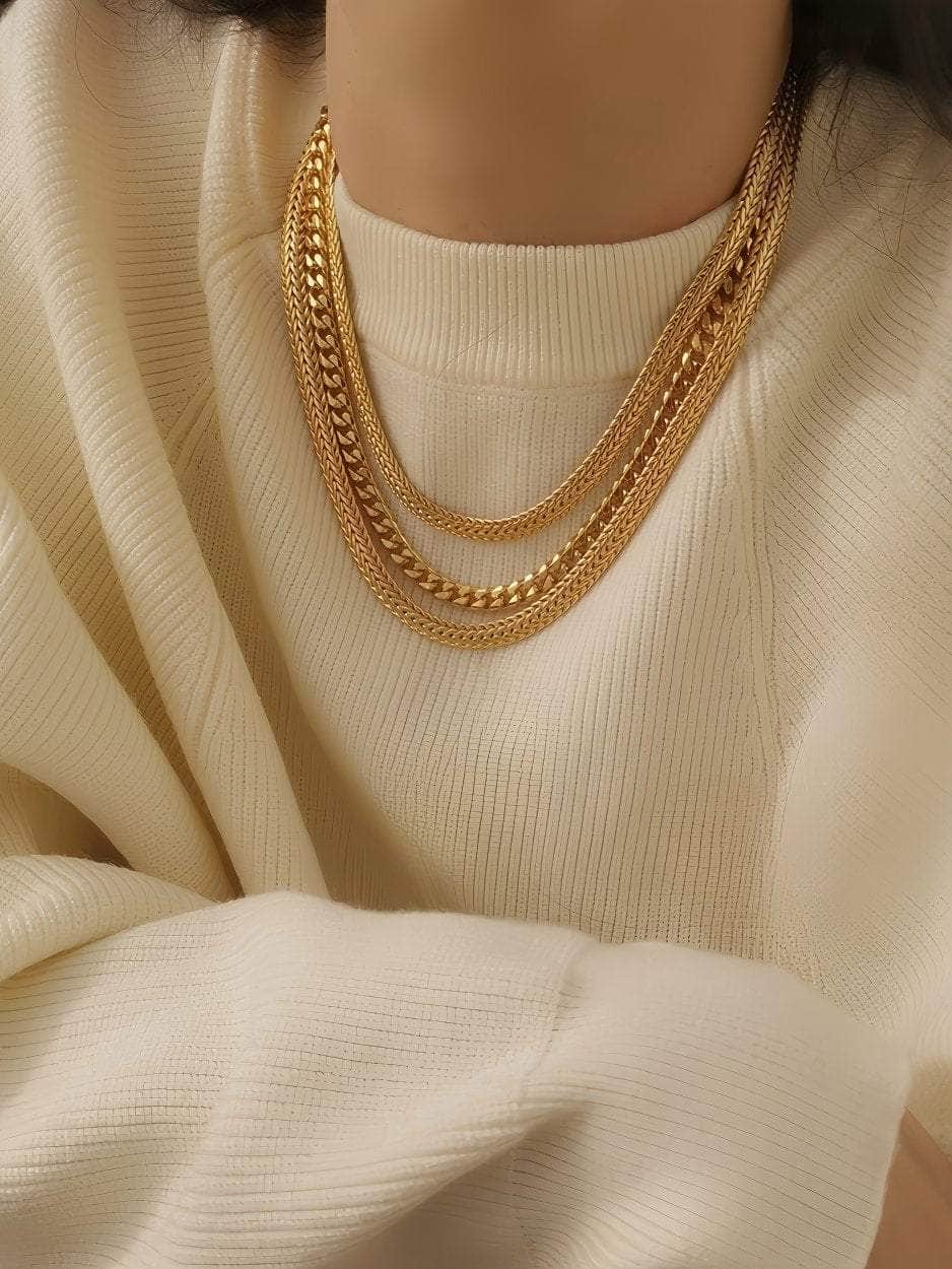 Layered Cuban Link Statement Braided Gold Necklace Gold / Necklace