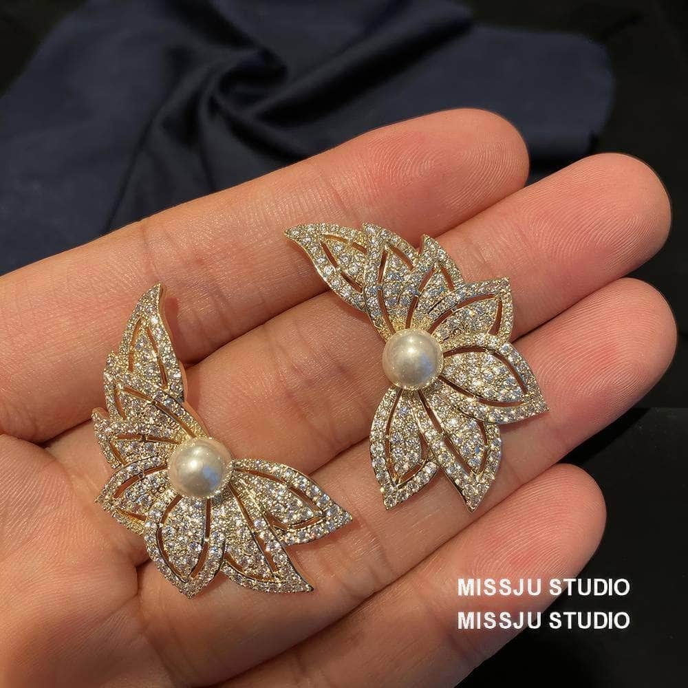 Leaf Cutout Paved Rhinestone Pearl Deco Earrings White