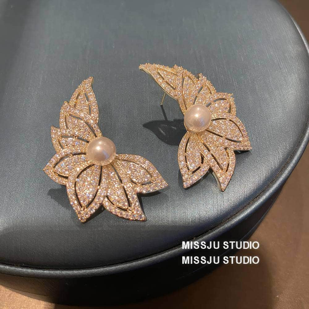 Leaf Cutout Paved Rhinestone Pearl Deco Earrings White