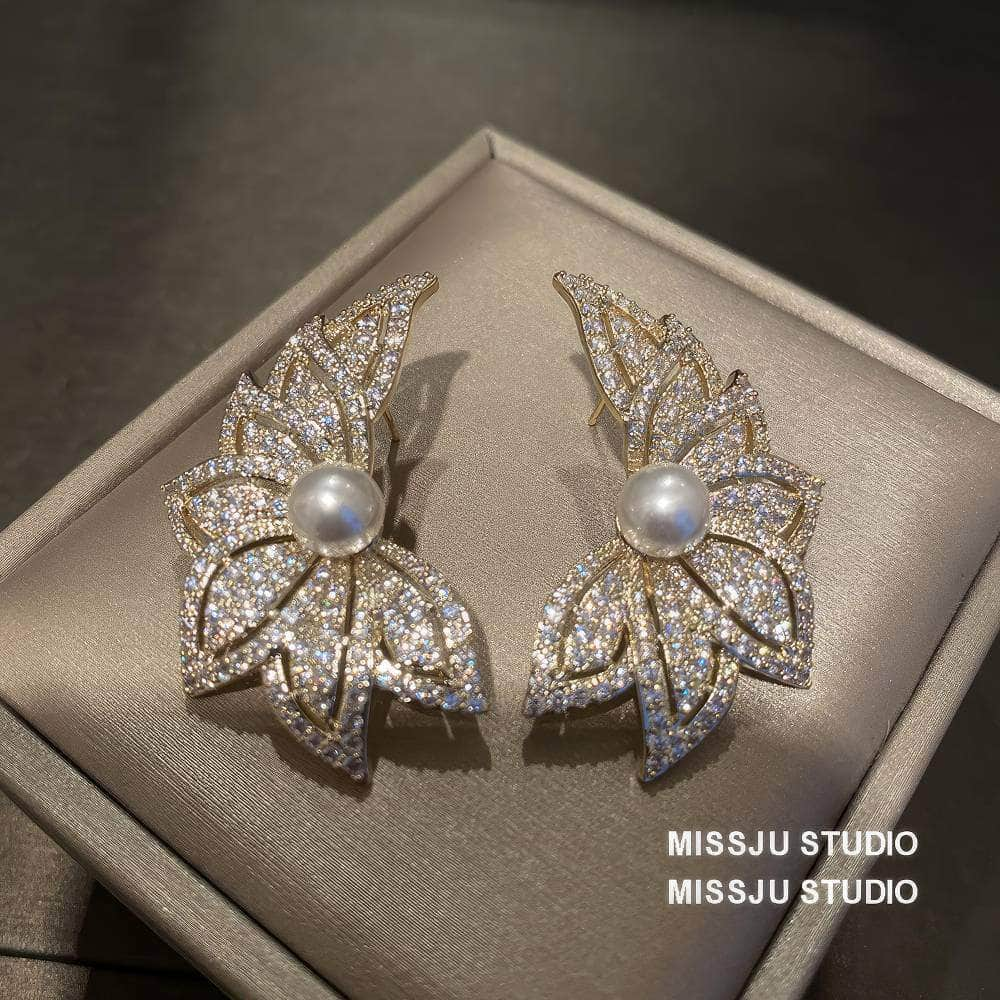 Leaf Cutout Paved Rhinestone Pearl Deco Earrings White