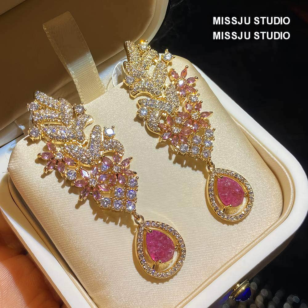 Leaf Deco Statement Pink Crystal Statement Earrings Pink