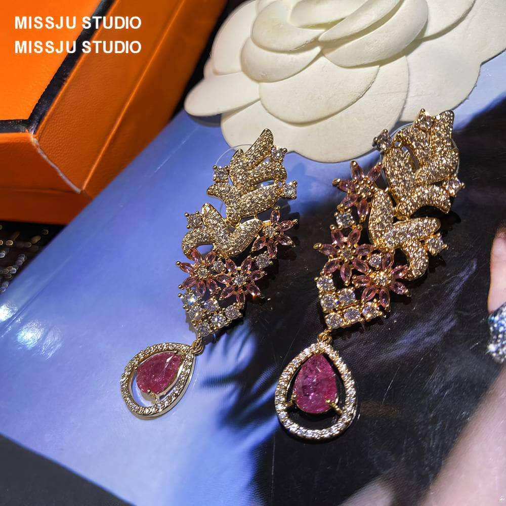 Leaf Deco Statement Pink Crystal Statement Earrings Pink