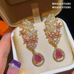 Leaf Deco Statement Pink Crystal Statement Earrings Pink