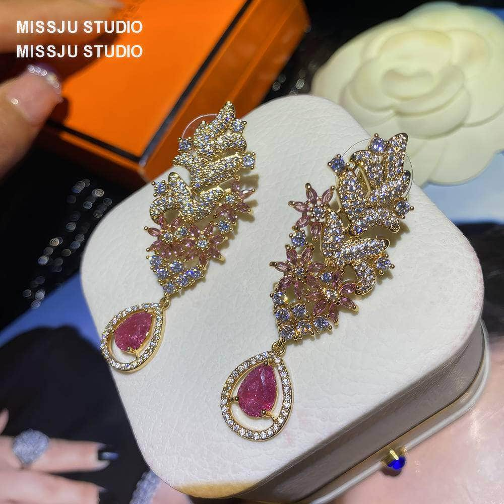 Leaf Deco Statement Pink Crystal Statement Earrings Pink