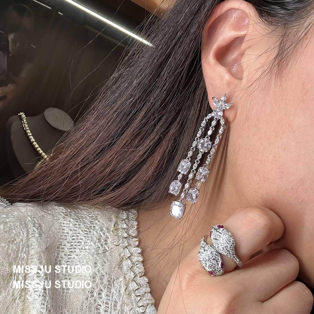 Leaf Studded Rhinestone Tassel Crystal Earrings