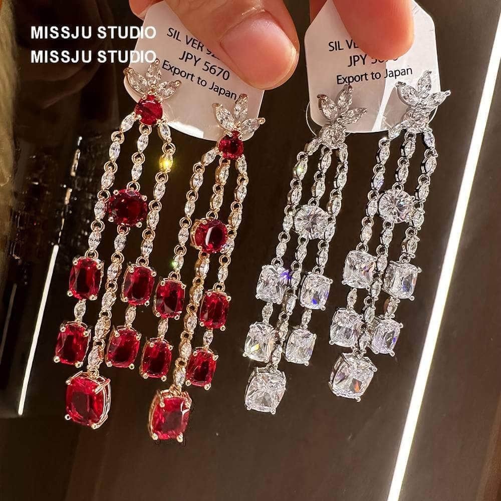 Leaf Studded Rhinestone Tassel Crystal Earrings