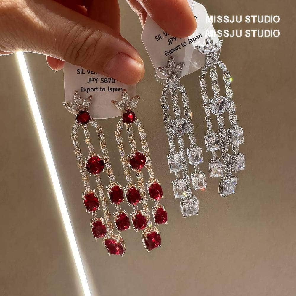 Leaf Studded Rhinestone Tassel Crystal Earrings