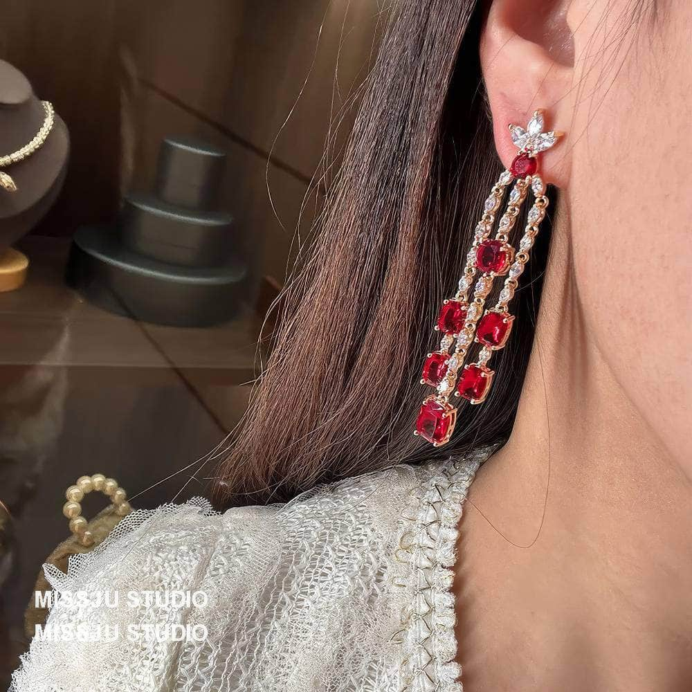 Leaf Studded Rhinestone Tassel Crystal Earrings