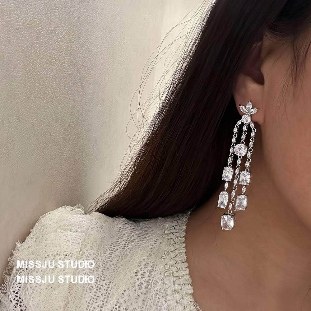 Leaf Studded Rhinestone Tassel Crystal Earrings