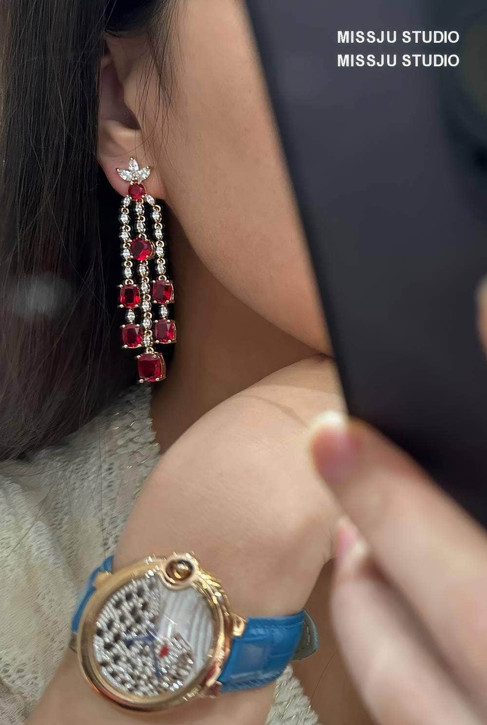 Leaf Studded Rhinestone Tassel Crystal Earrings