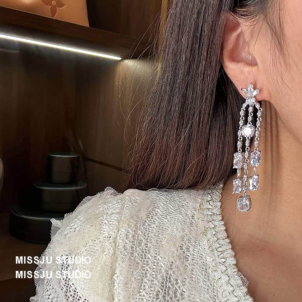 Leaf Studded Rhinestone Tassel Crystal Earrings