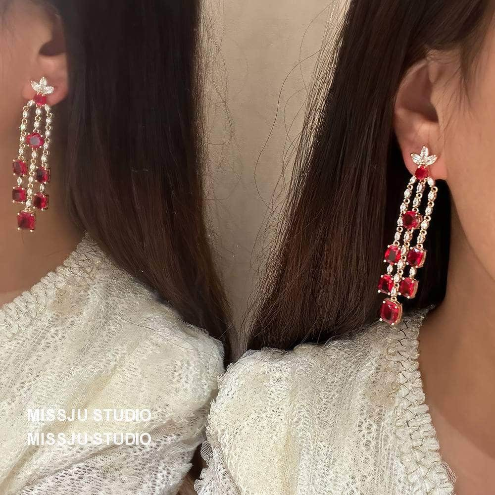 Leaf Studded Rhinestone Tassel Crystal Earrings Red