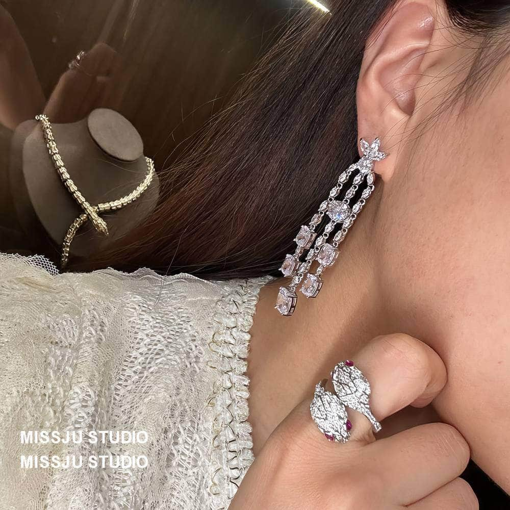 Leaf Studded Rhinestone Tassel Crystal Earrings White