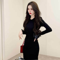 Leather Detailed Long Sleeves Bodycon Dress