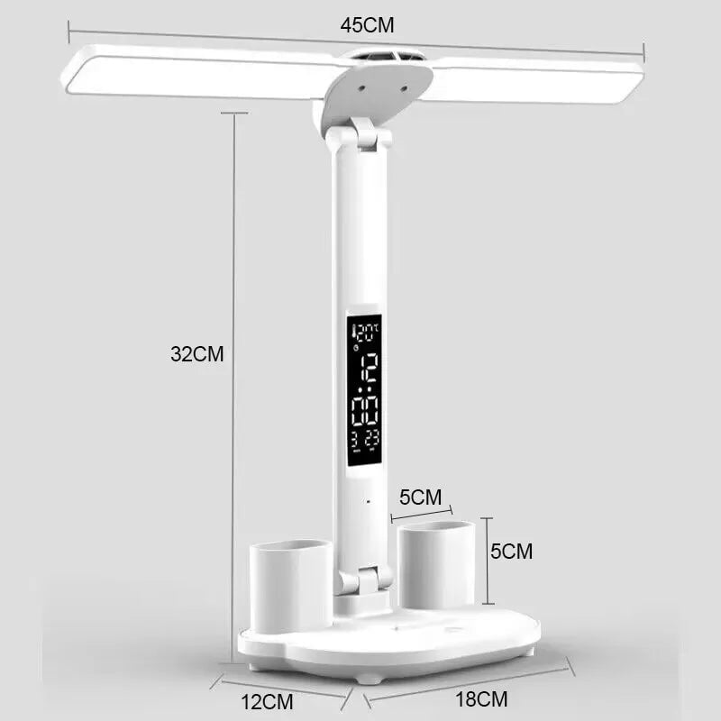 LED Clock Table Lamp - USB Chargeable, Dimmable Desk Lamp with 2 Heads, 180° Rotate, Foldable, Eye Protection, Desktop Reading Night Lights