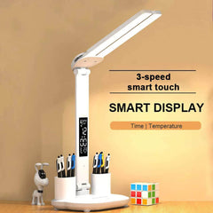 LED Clock Table Lamp: USB Chargeable, Dimmable, Foldable, Eye Protection