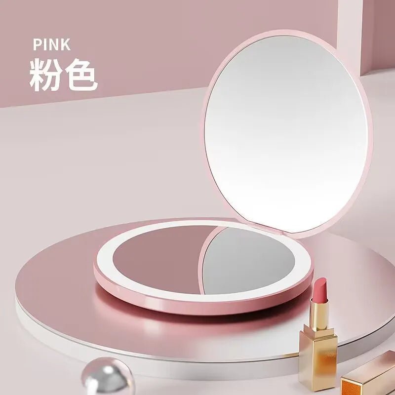 LED Light Cosmetic Compact Pocket Mirror with Folding Design Pink